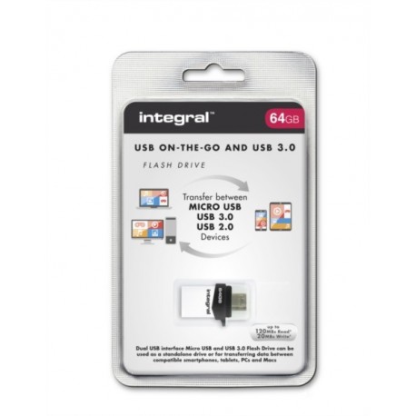 USB ključek 64GB INTEGRAL MICRO FUSION, bela-črna, NFD64GBMIC3.0-OTG