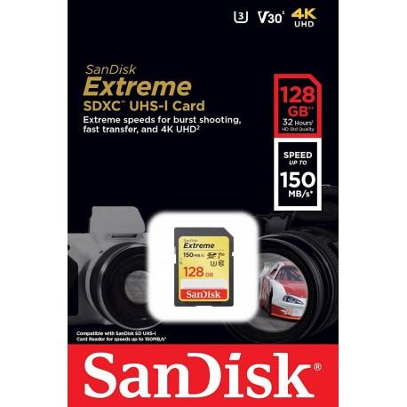Spominska kartica SDXC Sandisk 128GB Extreme, 150/60MB/s, UHS-I U3, V30