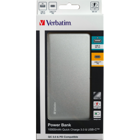 Prenosna baterija Verbatim Power bank 10000mAh Silver Metal QC3 & USB-C 49576