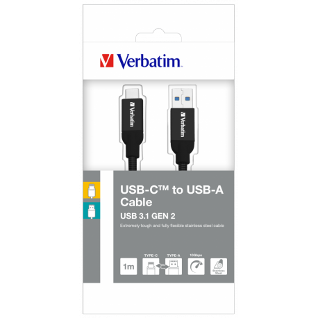 Kabel USB-C na USB-A Verbatim Stainless Steel Sync & Charge 100cm Black 48871