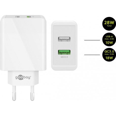 Polnilec Dual-USB quick charger USB/QC3.0 (28W) Goobay bel
