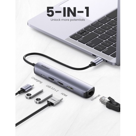 Priklopna postaja UGREEN 5v1 USB-C Hub, USB 3.0 A+HDMI+RJ45+PD - box