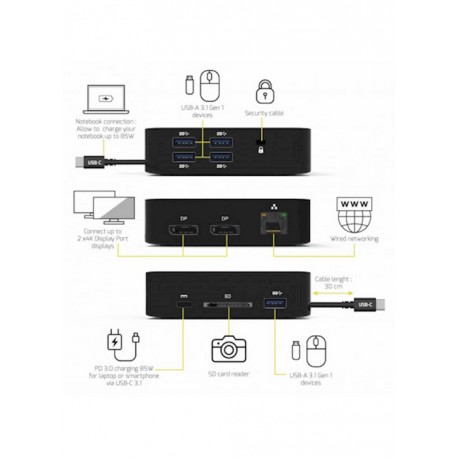 Docking Station PORT Type C, potovalni, 2x4K z napajalnikom