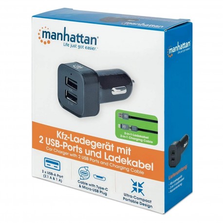 Avtopolnilec 2 X USB A MANHATTAN + kabel, črne barve