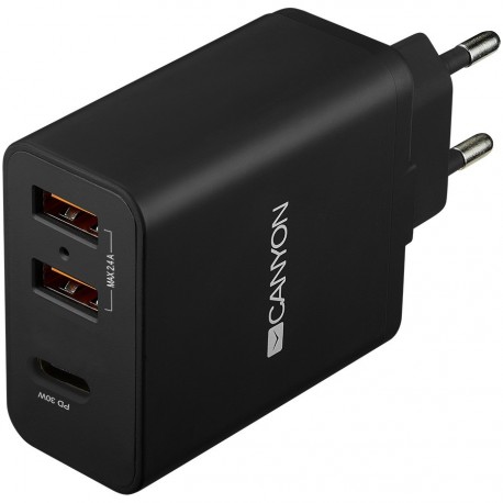 Stenski polnilec CANYON H-08, 2x USB-A in 1x USB-C, črn