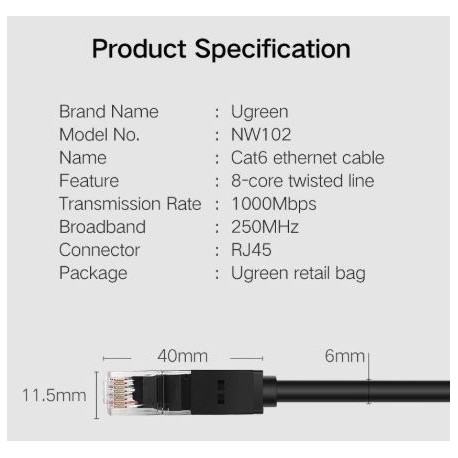 Mrežni kabel Ugreen Cat6 UTP LAN, 10m, črn