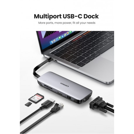 Ugreen USB-C 9v1 HUB 3*USB3.0+HDMI+VGA+RJ45 Gigabit+SD&TF +PD - box