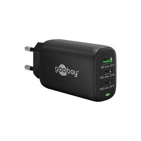 Napajalni adapter Goobay 65W GaN Multiport 2x USB-C PD, 1x USB-A QC, črn