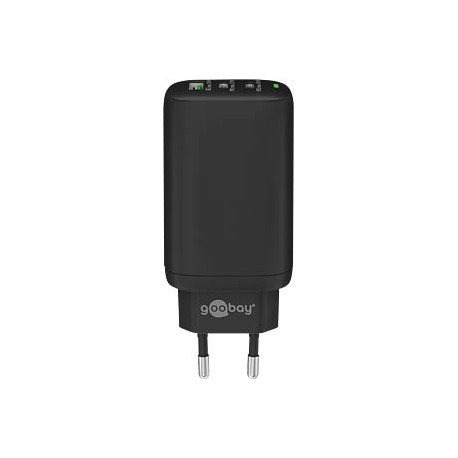 Napajalni adapter Goobay 65W GaN Multiport 2x USB-C PD, 1x USB-A QC, črn