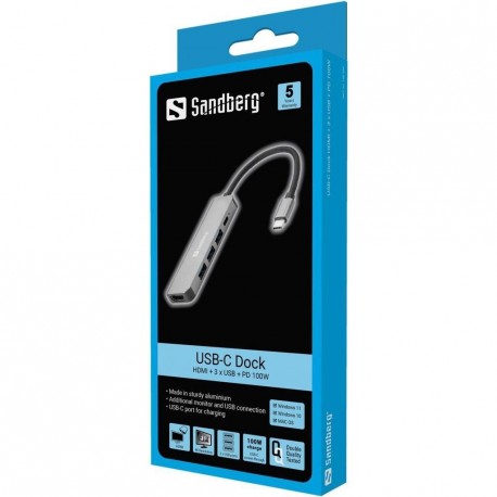 Razdelilnik HubSanberg USB-C hub razdelilnik, 5-v-1 1x HDMI, 3x USB, 1x PD
