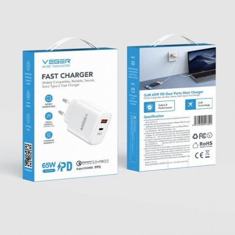 Polnilec Veger 65W1A1C 65W QC PD, USB-A,USB-C, bel