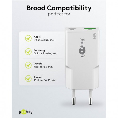 Polnilec Goobay 30W GaN Multiport 1x USB-C PD, 1x USB-A QC, bel