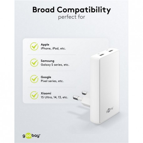 Polnilec Goobay 90° Flat 65W GaN Multiport 2x USB-C PD, bel