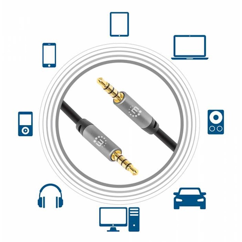 Kabel 3,5 mm Stereo moški/moški MANHATTAN, 1 m, črno/srebrna