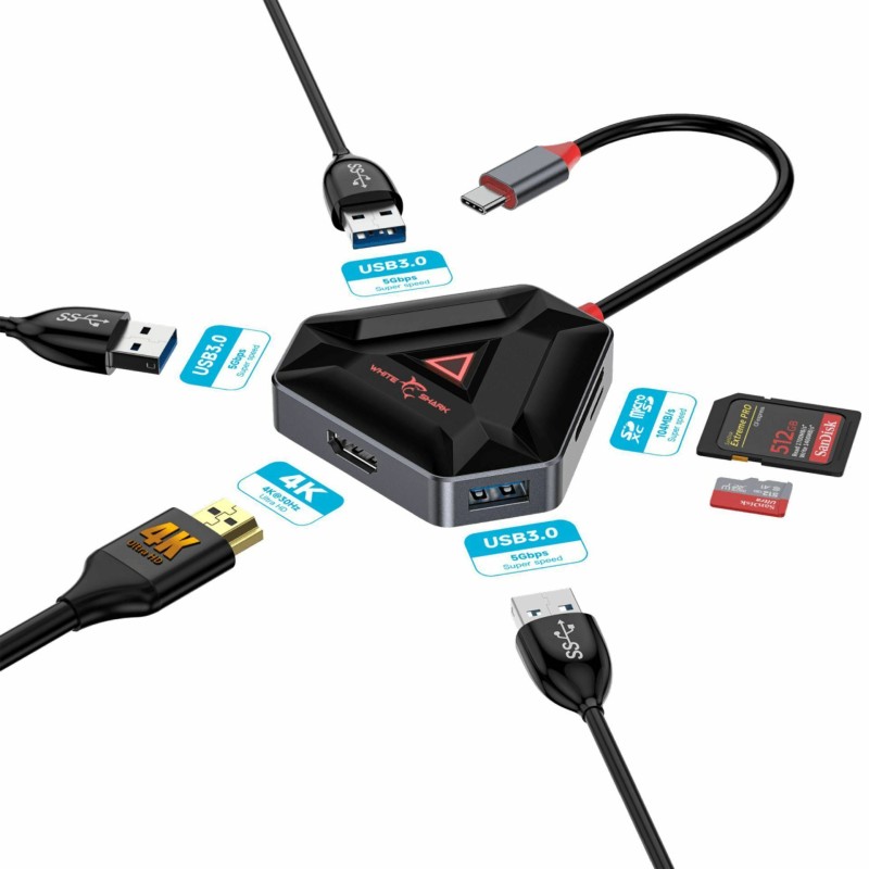 USB-C Hub White Shark Hexagon, 6v1