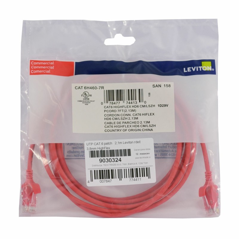 UTP CAT.6 patch   2,1m Leviton rdeč 3,8mm HighFlex