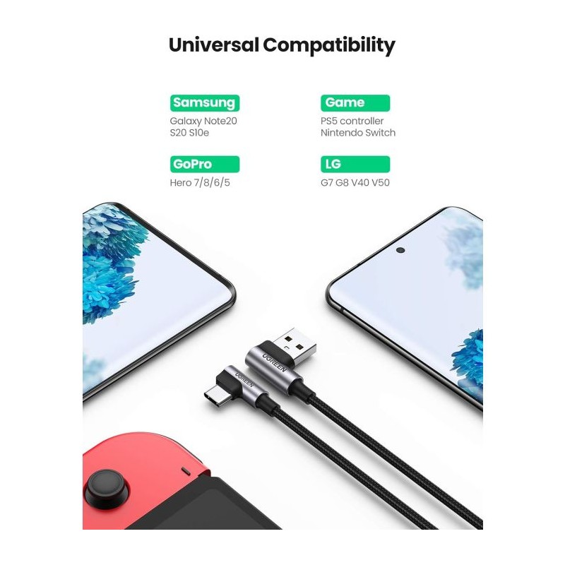 Kabel Ugreen USB v USB-C 90-stopinjski za hitro polnjenje, 1m, 20856