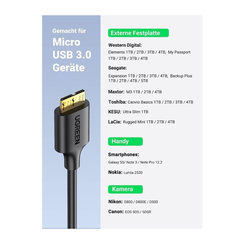 Kabel Ugreen USB 3.0, USB A na Micro B, 1m