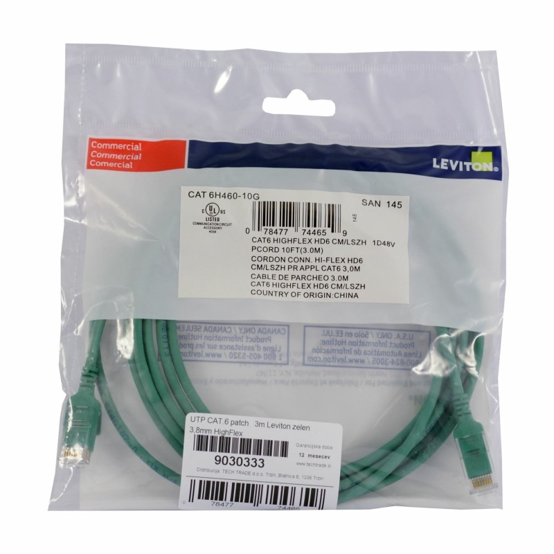 Mrežni kabel Leviton patch UTP CAT.6 3m zelen, 9030333