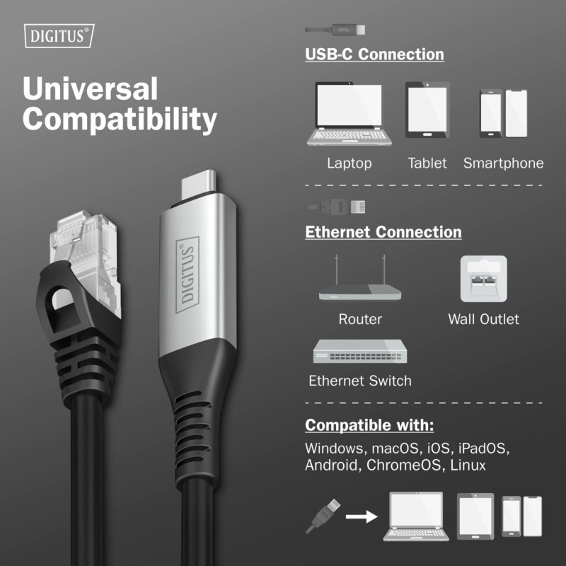 Kabel Digitus USB-C v Mrežni UTP RJ45 Gigabit, 3m