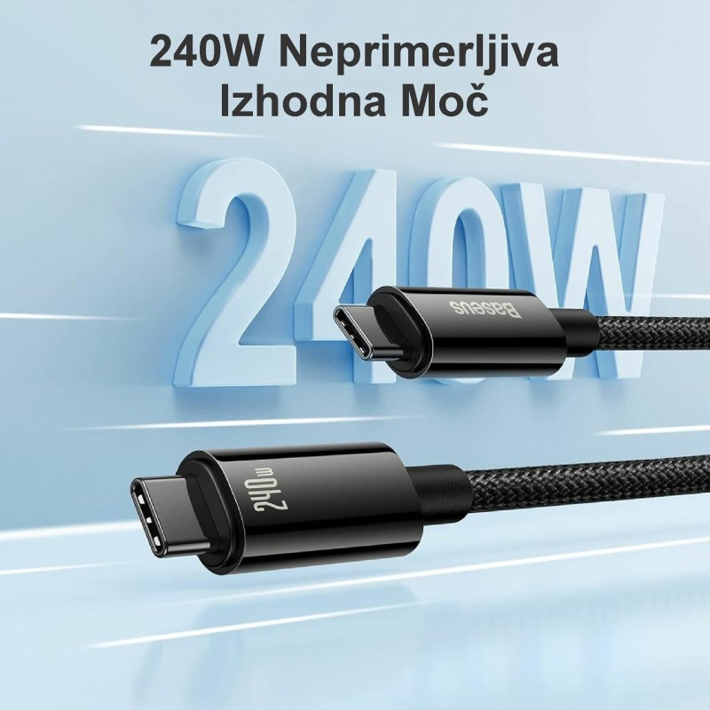 Kabel Baseus USB C-C 240W Tungsten Gold pleten črn, 2m