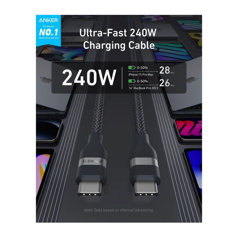 Kabel Anker A82E2H11 USB-C/C, 240W, 0,9m, črn
