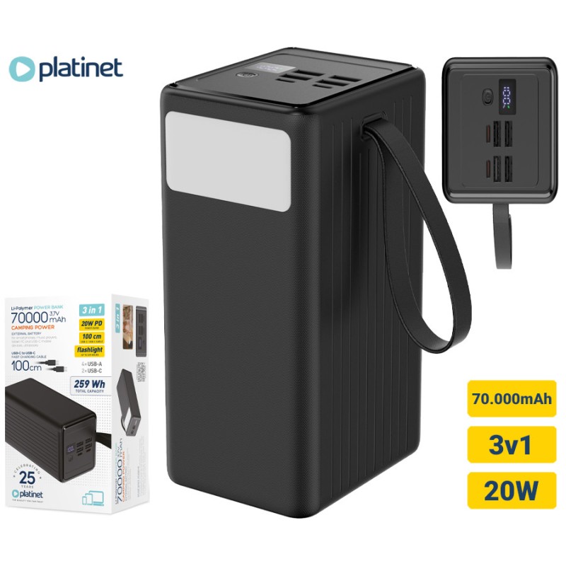 Prenosna baterija Powerbank Platinet PMPB7020, 20W, 70.000mAh