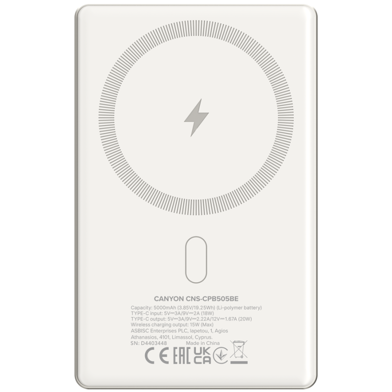 Prenosna baterija CANYON OnCharge 505 slim Magsafe, 5000mAh, PD20W, bež