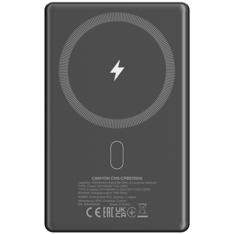 Prenosna baterija CANYON OnCharge 510 slim Magsafe 10000 mAh PD20W, siva