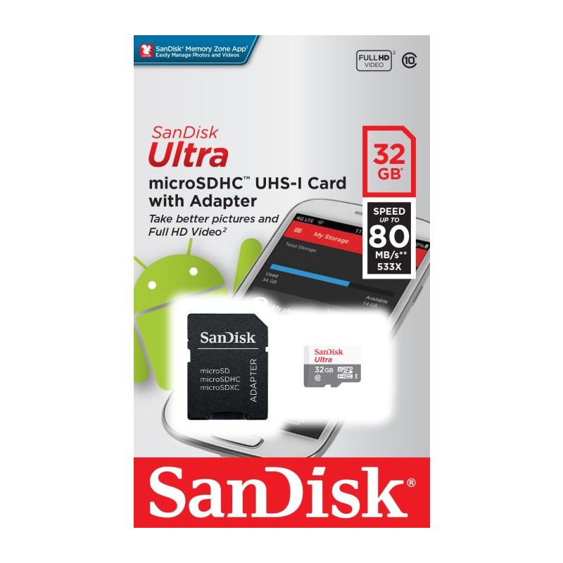 Pomnilniška kartica SDHC SanDisk MICRO 32GB ULTRA, UHS-I, C10, adapter