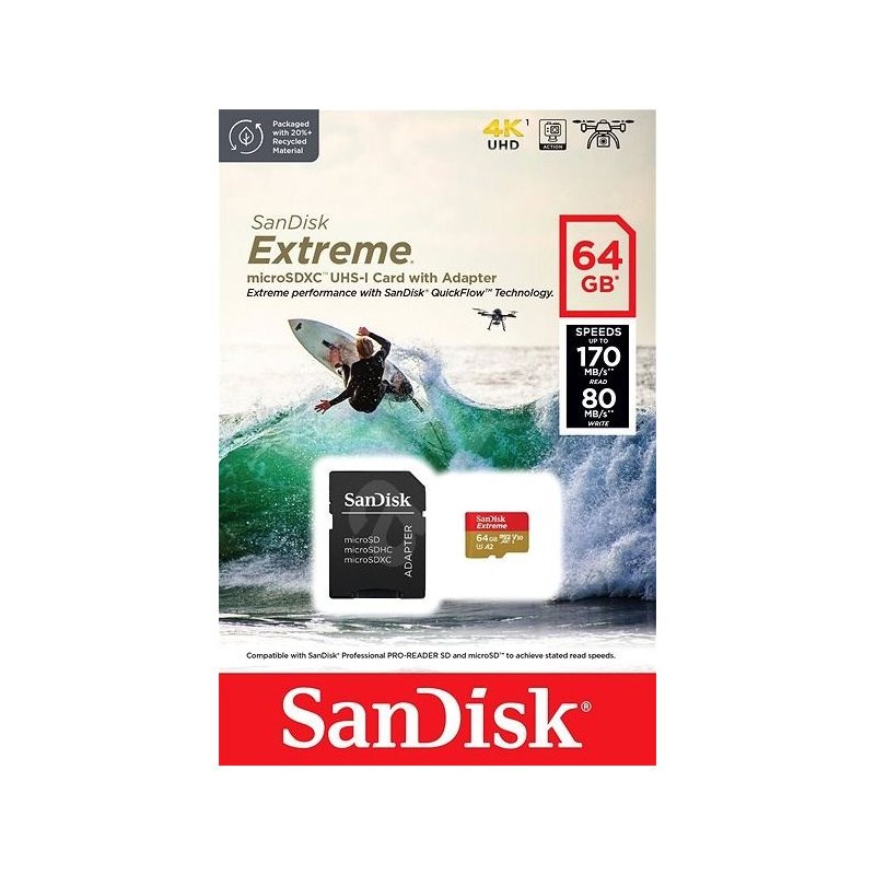 Pomnilniška kartica SDXC SANDISK MICRO 64GB EXTREME KAMERA/DRON, 170/80MB/s, A2,