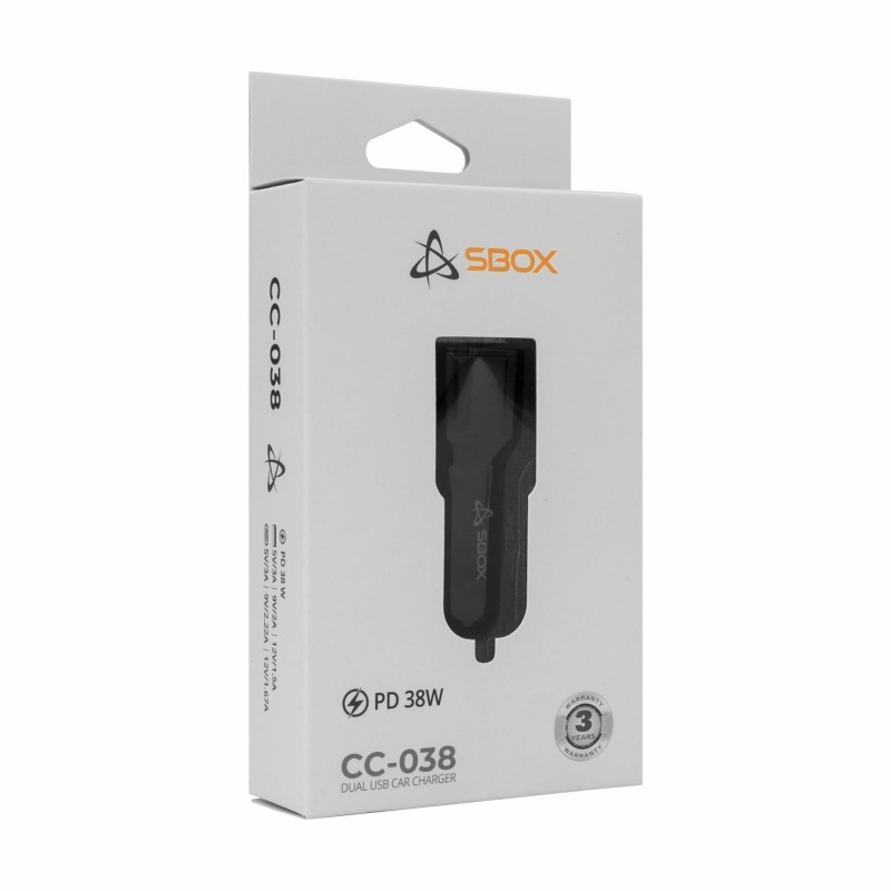 Avtomobilski polnilec SBOX CC-038, 38W PD QC, USB-A, USB-C, črn