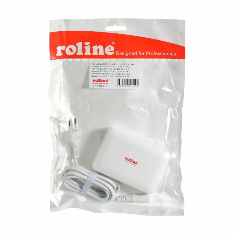Polnilec Roline 60W, USB-C, 5x USB-A, QC PD, bel