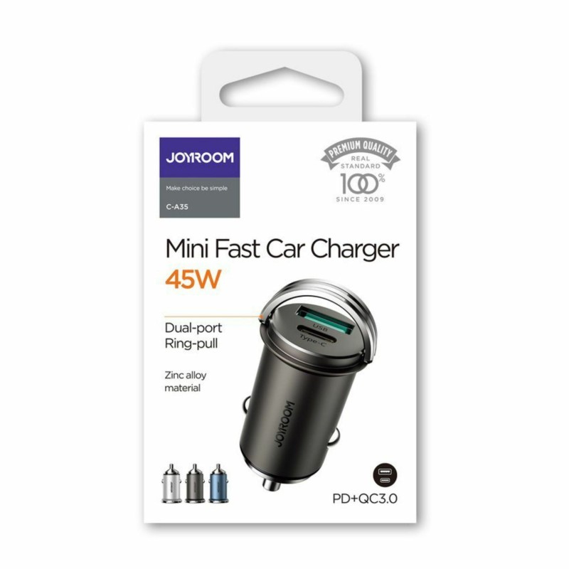 Avtomobilski polnilec Joyroom 45W PD QC, USB-A, USB-C, črn