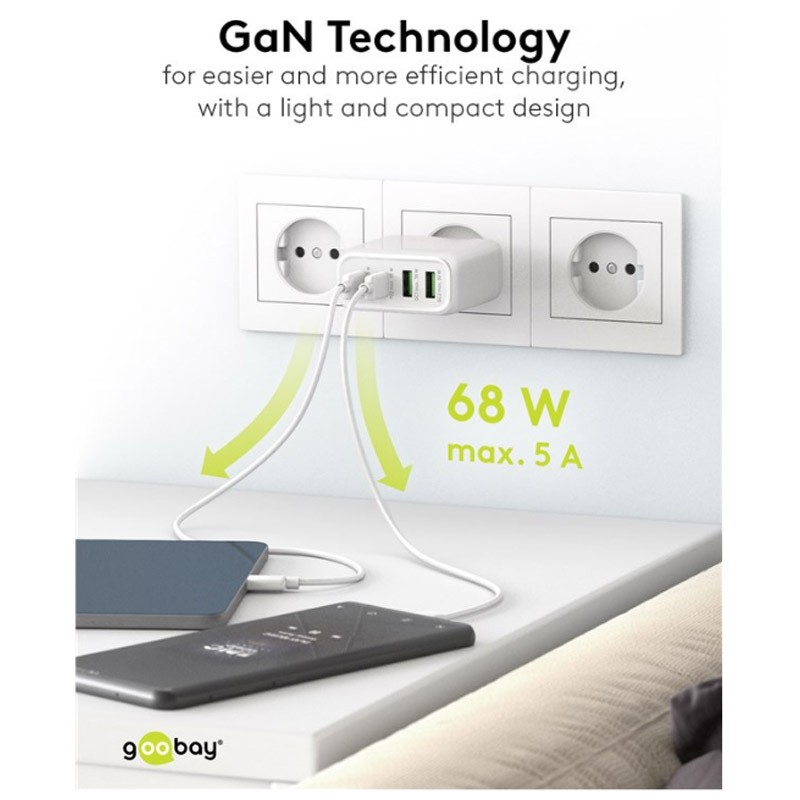 Polnilec GOOBAY 68W QC, 2x USB-C, 2x USB-A, bel