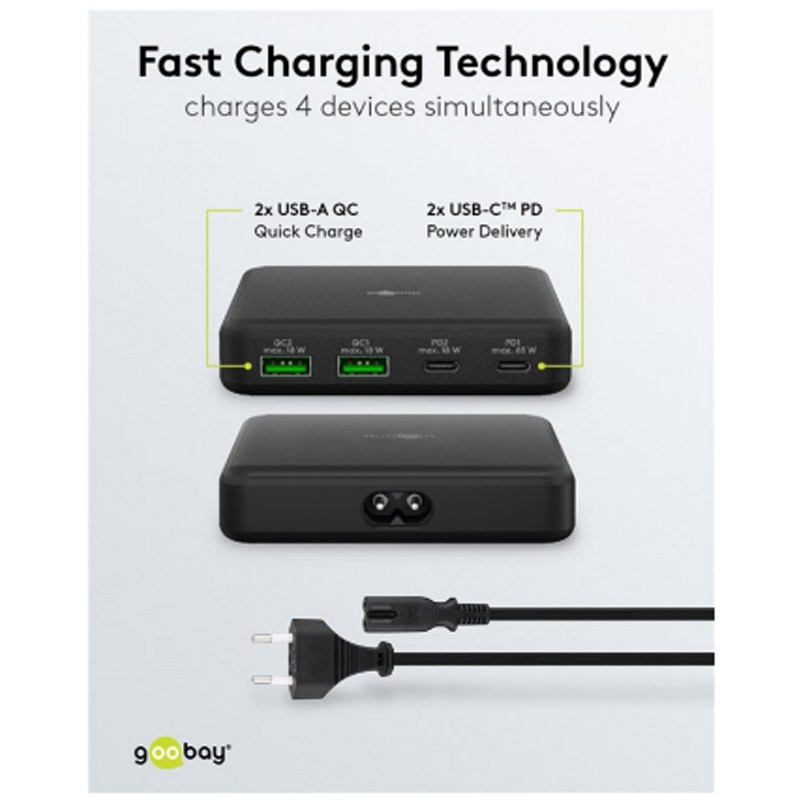 Polnilec GOOBAY 65W GaN, 2x USB-C, 2x USB-A, črn