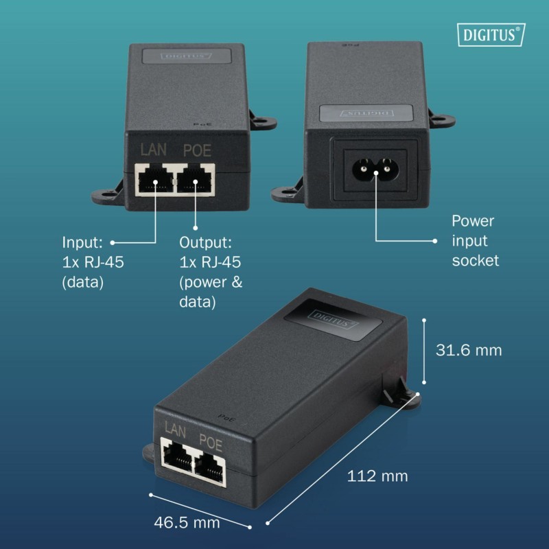 Napajalnik Digitus PoE UTP 60W IEEE802.3 bt PoE++ Ultra Giga DN-95104-1