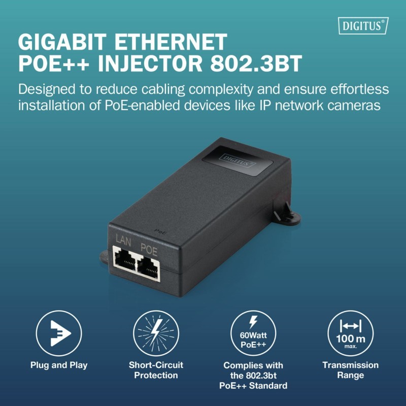 Napajalnik Digitus PoE UTP 60W IEEE802.3 bt PoE++ Ultra Giga DN-95104-1
