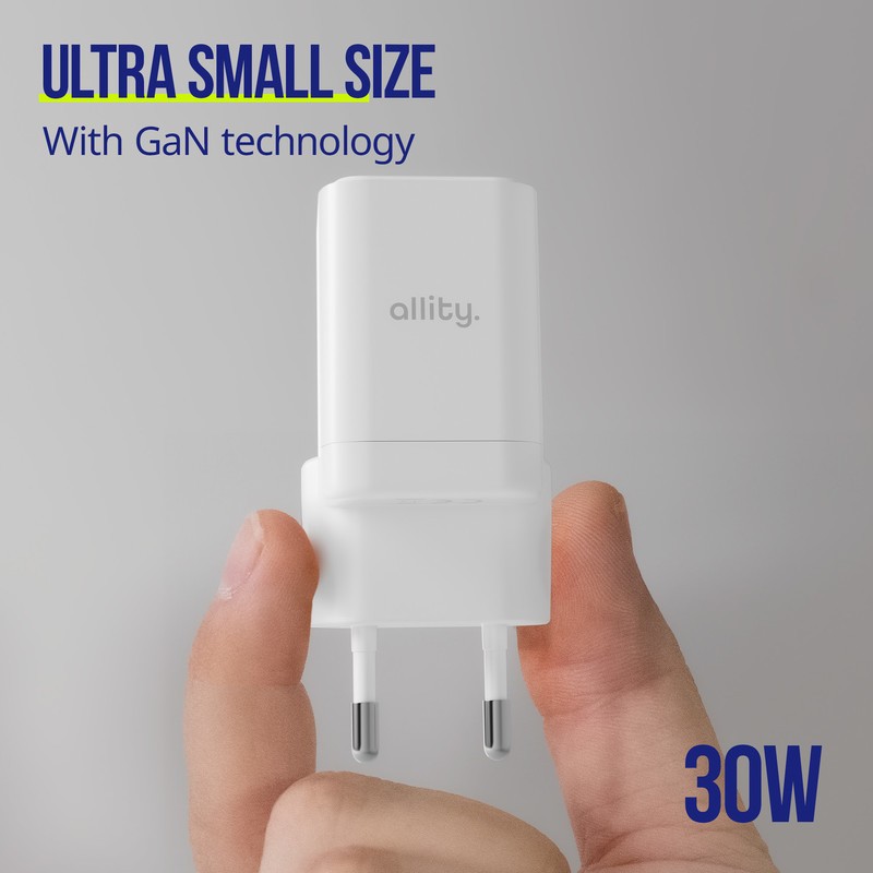 Polnilec ALLITY ATC-01 GaN, 30W, 1x USB-C, 1x USB-A, PD, QC, črn
