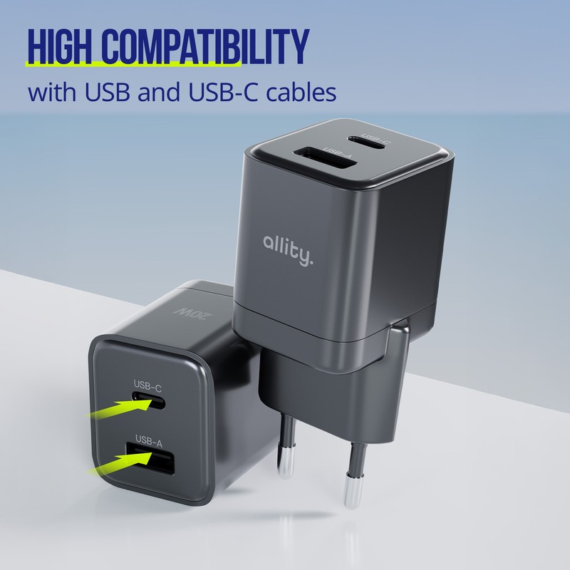Polnilec ALLITY ATC-01 GaN, 30W, 1x USB-C, 1x USB-A, PD, QC, črn
