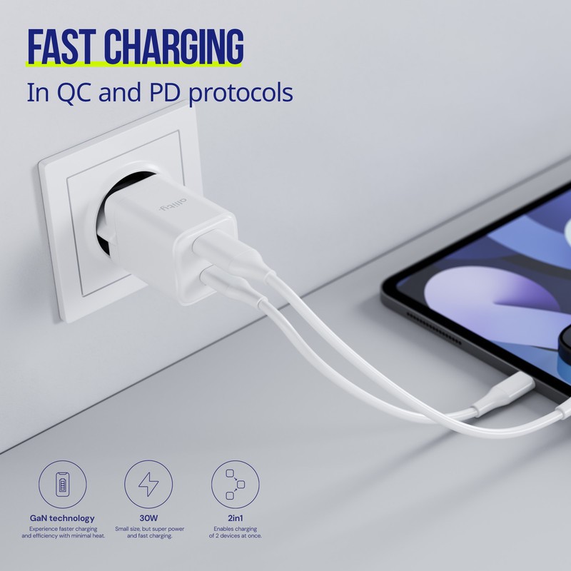 Polnilec ALLITY ATC-01 GaN, 30W, 1x USB-C, 1x USB-A, PD, QC, bel