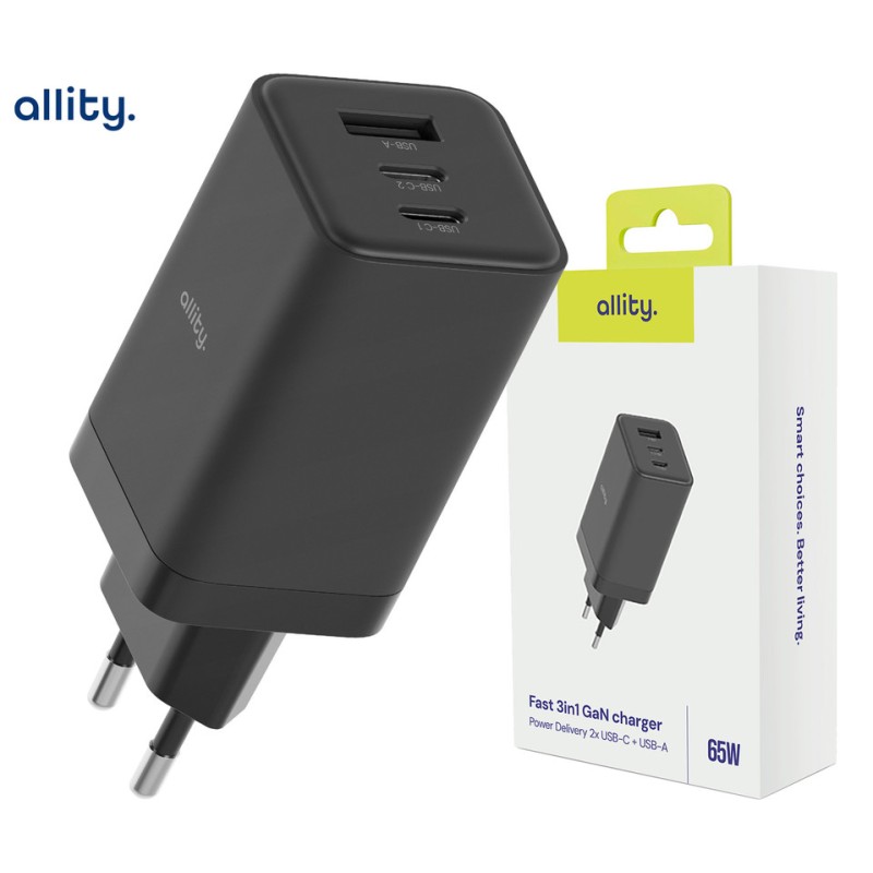 Polnilec ALLITY ATC-01 GaN, 65W, 2x USB-C, 1x USB-A, PD, QC, črn