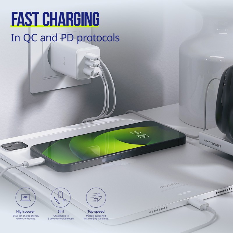 Polnilec ALLITY ATC-01 GaN, 65W, 2x USB-C, 1x USB-A, PD, QC, bel