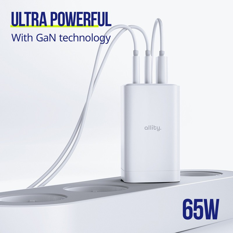 Polnilec ALLITY ATC-01 GaN, 65W, 2x USB-C, 1x USB-A, PD, QC, bel