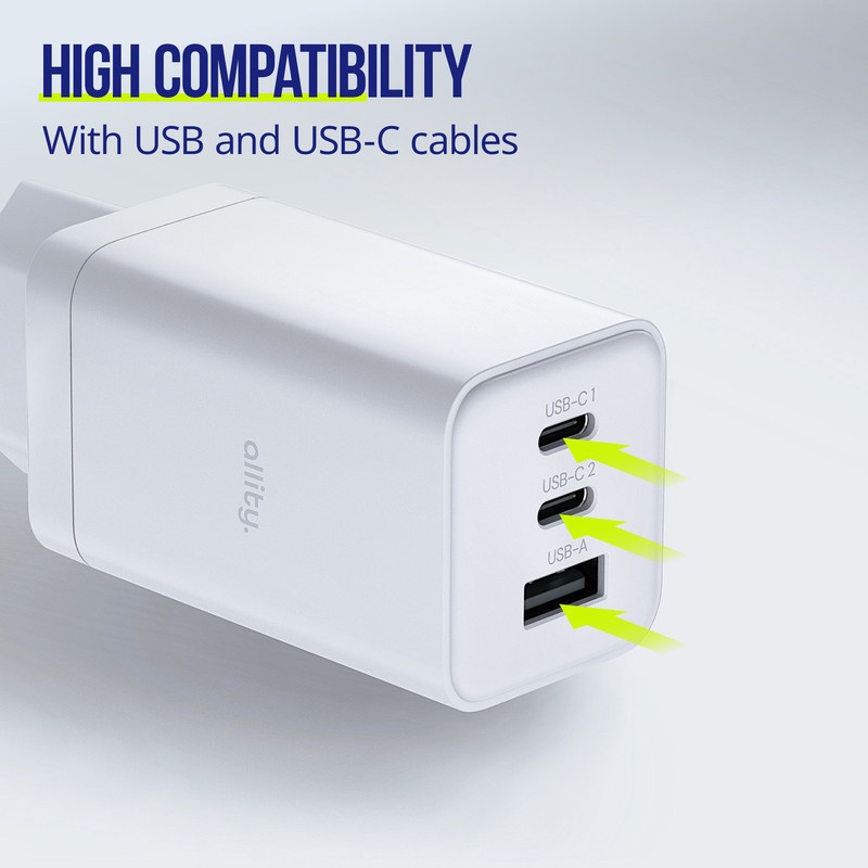 Polnilec ALLITY ATC-01 GaN, 65W, 2x USB-C, 1x USB-A, PD, QC, bel