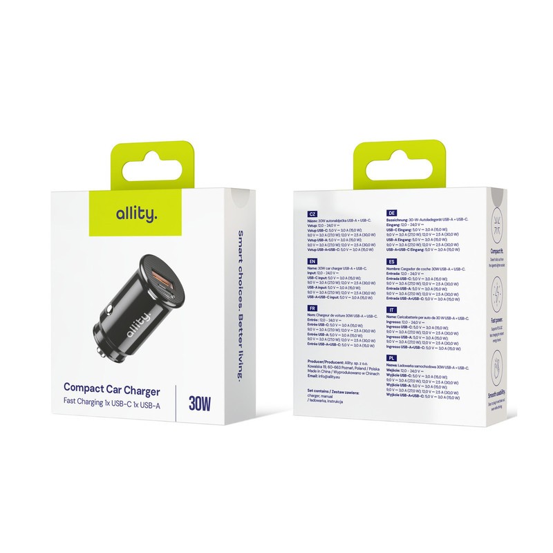 Avto polnilec ALLITY ACC-100, 30W, 12/24V, 1x USB-C, 1x USB-A, PD, QC, črn