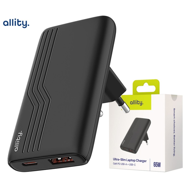 Polnilec ALLITY ATC-02 GaN, 65W, 1x USB-C, 1x USB-A, PD, QC, črn