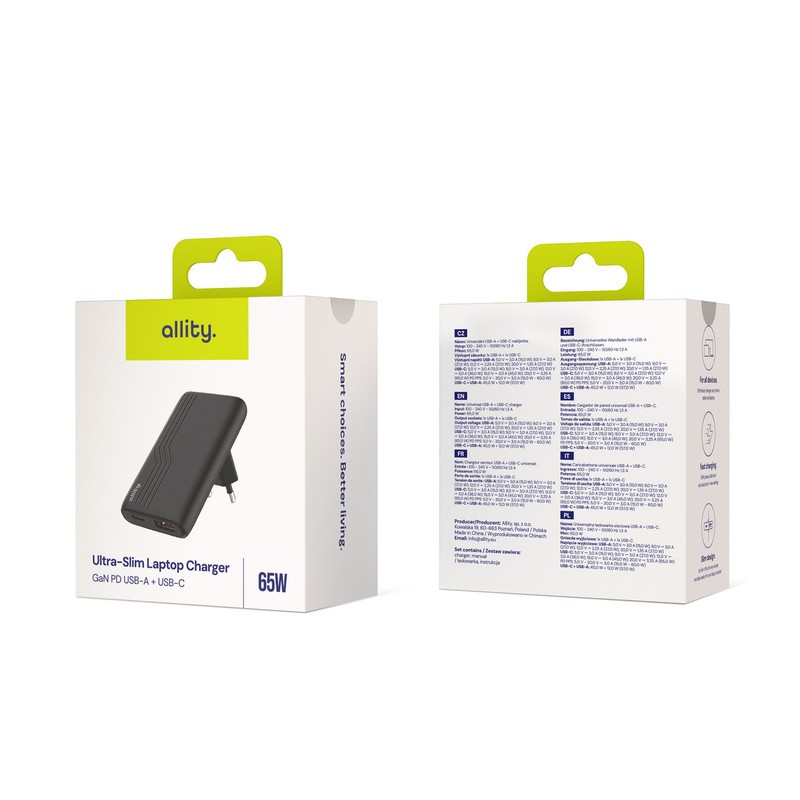 Polnilec ALLITY ATC-02 GaN, 65W, 1x USB-C, 1x USB-A, PD, QC, črn