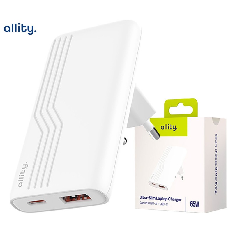 Polnilec ALLITY ATC-02 GaN, 65W, 1x USB-C, 1x USB-A, PD, QC, bel
