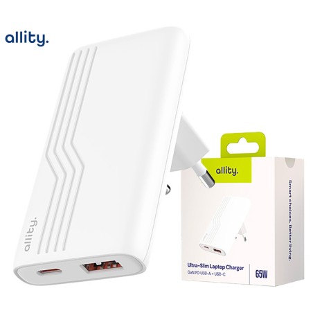 Polnilec ALLITY ATC-02 GaN, 65W, 1x USB-C, 1x USB-A, PD, QC, bel